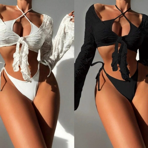 Bikini da Donna Sopra Sotto E Shrug a Maniche Lunghe Halter Stringato Sexy Tinta Unita Costume da Mare Vacanza