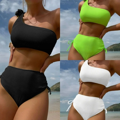 Set Bikini Monospalla a Costine da Donna Costume da Bagno a Vita Alta Con Fiocco e Coulisse Laterale per Vacanze al Mare