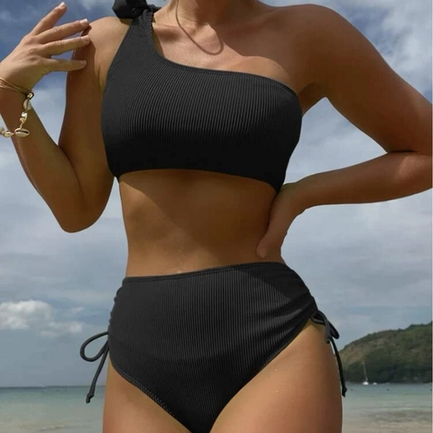 Set Bikini Monospalla a Costine da Donna Costume da Bagno a Vita Alta Con Fiocco e Coulisse Laterale per Vacanze al Mare