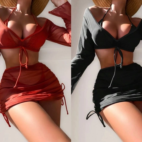 Bikini Sexy de Color Sólido para Mujer Top de Malla de Manga Larga y Minifalda Fruncida con Cordón