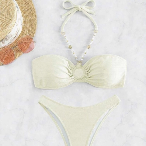 Conjunto de Bikini de Cuello Halter para Mujer Con Cadena de Perlas Artificiales y Conchas Texturizado Relleno Top y Braga Color Sólido Ropa de Playa