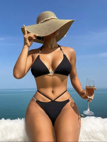 Women Solid Halter Bikini Set Rhinestone Metal Chain Decor Textured Two Piece Swimsuit Beachwear Swimwear