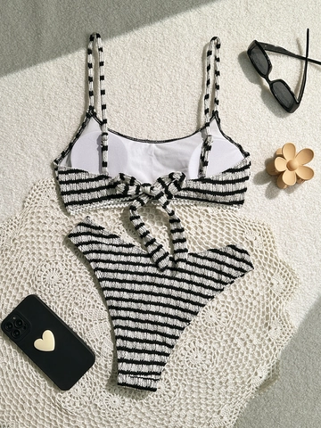 Women Sexy Striped Bikini Set Seersucker Crinkle Two Piece Swimsuit With Lace Trim Beach Vacation Bathing Suit