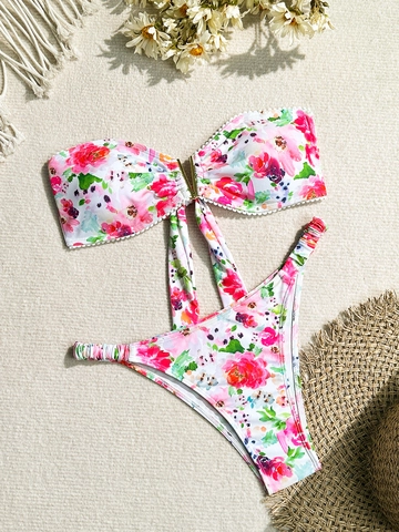 Bikini da Donna Sexy con Stampa Floreale Costume da Bagno con Fibbia a V in Metallo Dettaglio Bordo in Pizzo Top a Fascia e Fondo a Taglio Alto Beachwear