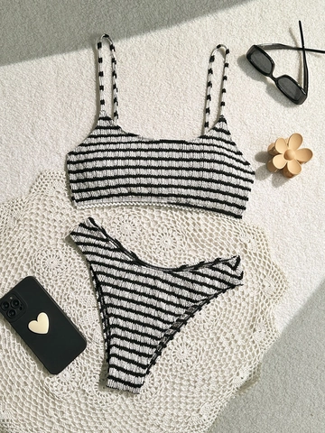 Women Sexy Striped Bikini Set Seersucker Crinkle Two Piece Swimsuit With Lace Trim Beach Vacation Bathing Suit