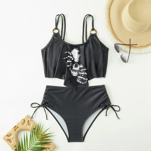 Maillot de Bain Gothique pour Femmes avec Imprimé de Crâne Haut à Volants et Bas à Taille Haute Maillot de Bain à Coulisse