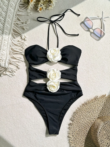 Traje de Baño de Una Pieza Sexy Halter Monokini para Mujer Con Decoración de Flores de Rosa 3D Elegante Vacaciones Verano Playa
