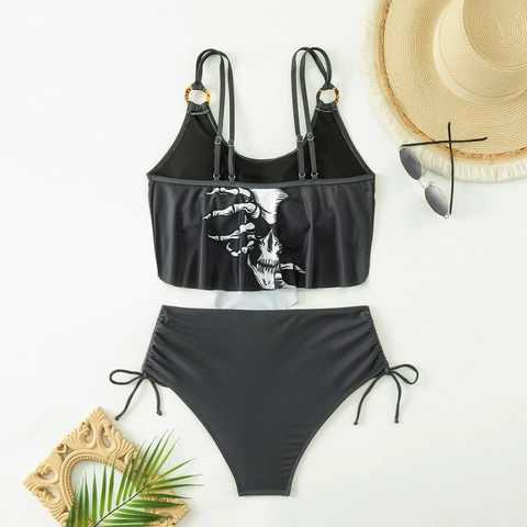 Maillot de Bain Gothique pour Femmes avec Imprimé de Crâne Haut à Volants et Bas à Taille Haute Maillot de Bain à Coulisse