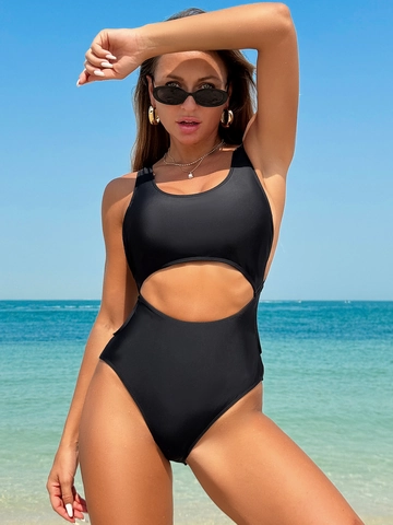 Traje de Baño Monokini Sexy de Color Sólido para Mujer Con Recorte Circular Sin Mangas Espalda Descubierta Acolchado Ropa de Playa