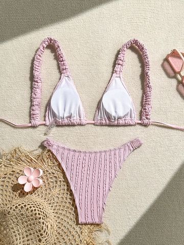 Women Sexy Smocked Bikini With Ruched Triangle Top And High Cut Bottom Solid Color Swimsuit For Beach Swimming