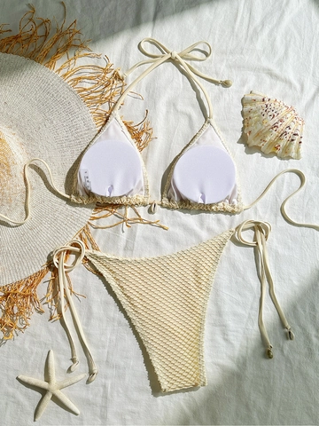 Conjunto de Bikini de Ganchillo de Malla Sexy para Mujer Top de Triángulo Halter y Parte Inferior Con Decoración de Concha