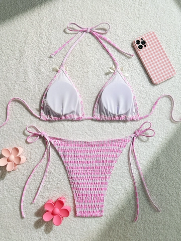 Γυναικείο Σέξι Σετ Μπικίνι Smocked Halter Τρίγωνο Τοπ Σλιπ με Δέσιμο στο Πλάι Μαγιό Gingham Ριγέ με Φιόγκο