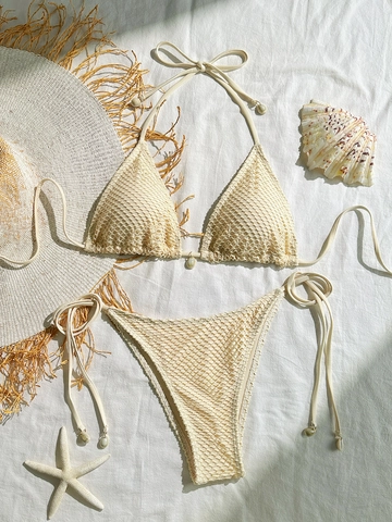 Conjunto de Bikini de Ganchillo de Malla Sexy para Mujer Top de Triángulo Halter y Parte Inferior Con Decoración de Concha
