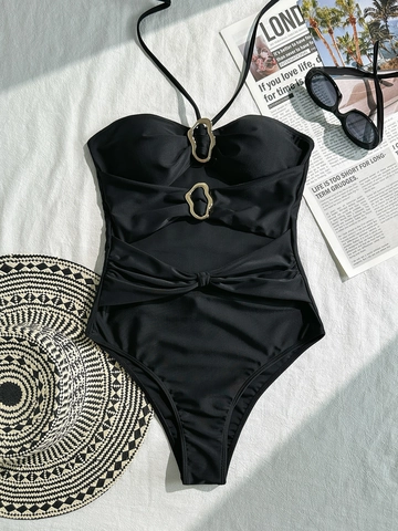 Women Sexy One Piece Swimsuit Black Halter Cut Out Bathing Suit With Gold Metal Rings Hollow Beachwear Swimwear For Ladies