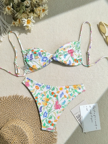 Women Bikini Set Two Piece Swimsuit Floral Print Ribbed Fabric Adjustable Straps High Cut Sexy Beachwear Bathing Suit
