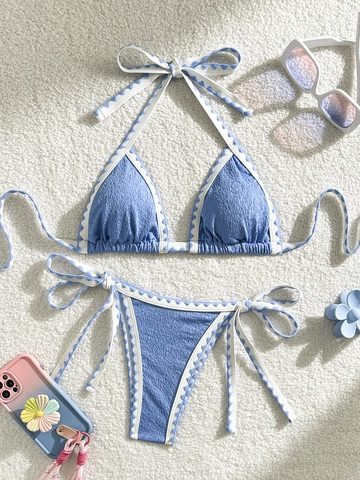 Halter Triangolo Top E Slip Con Laccetti Laterali Bordo Smerlato Texture Stropicciata Costume Da Bagno Donna Mare Bikini