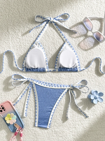 Halter Triangolo Top E Slip Con Laccetti Laterali Bordo Smerlato Texture Stropicciata Costume Da Bagno Donna Mare Bikini