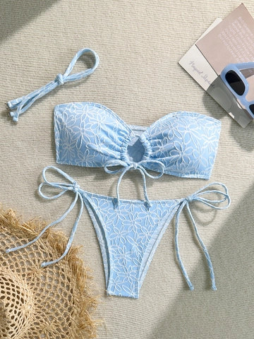 Set de Bikini Sexy para Mujer Bañador de Dos Piezas Margarita Floral 3D Tejido de Rizo Bandeau con Cordones Playa