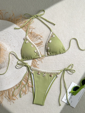 Women Halter Ribbed Bikini Set Shell Starfish Charms Sexy Triangle Cup Side Tie Top And Bottom Swimsuit Beachwear