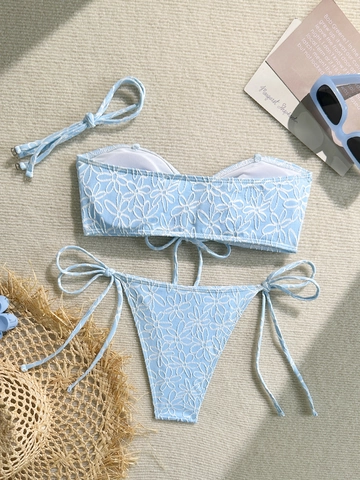 Set de Bikini Sexy para Mujer Bañador de Dos Piezas Margarita Floral 3D Tejido de Rizo Bandeau con Cordones Playa