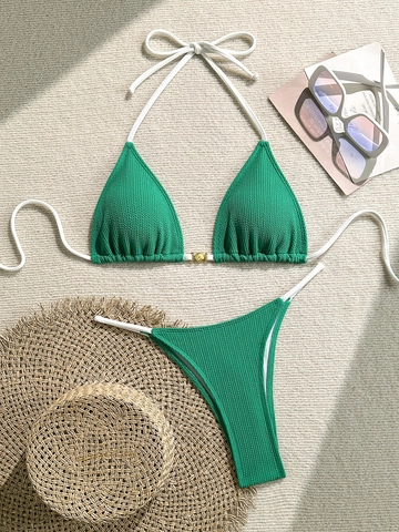 Women Halter Neck Bikini Set Ribbed Two Piece Swimsuit With Shell Buckle Detail Contrast Straps High Cut Beach Bathing Suit