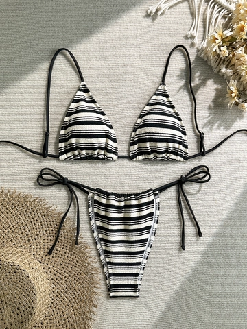 Ensemble Bikini Sexy à Rayures pour Femmes en Tissu Éponge Haut Rembourré et Bas Maillot de Bain de Plage à Deux Pièces