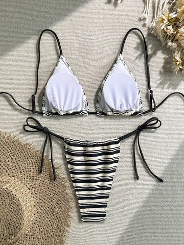 Ensemble Bikini Sexy à Rayures pour Femmes en Tissu Éponge Haut Rembourré et Bas Maillot de Bain de Plage à Deux Pièces