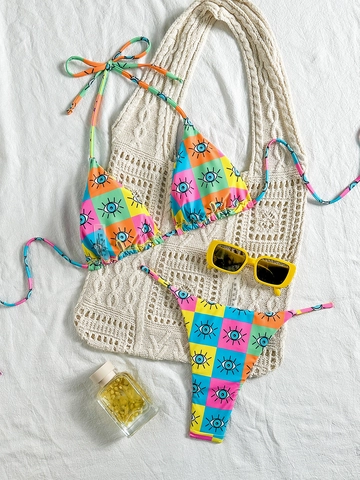 Women Colorful Checkerboard Eye Print Bikini Top And Bottom Halter Neck String Tie Swimwear Beach Vacation Swimsuit