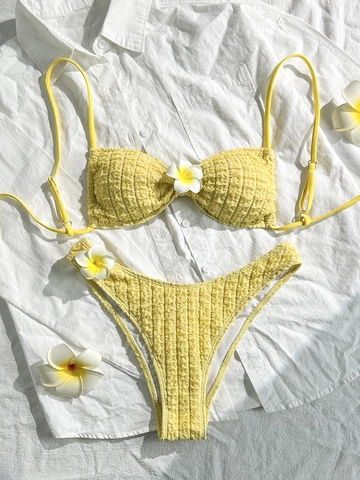 Conjunto de Bikini de Nido de Abeja Sexy para Mujer Decoración de Flor de Plumeria Conjunto de Top Y Braga Color Sólido Vacaciones Playa Ropa de Baño