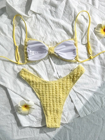 Conjunto de Bikini de Nido de Abeja Sexy para Mujer Decoración de Flor de Plumeria Conjunto de Top Y Braga Color Sólido Vacaciones Playa Ropa de Baño
