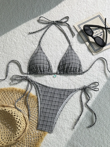 Bikini Gingham Sexy da Donna Top Triangolo Halter Allacciato Lateralmente Costumi da Bagno Con Pendaglio Margherita
