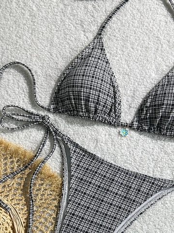 Bikini Gingham Sexy da Donna Top Triangolo Halter Allacciato Lateralmente Costumi da Bagno Con Pendaglio Margherita
