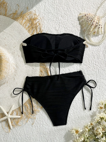 Women Bandeau Bikini Set Shell Starfish Charms Wavy Ribbed Texture Beach Vacation Swimwear High Waist Strappy Swimsuit