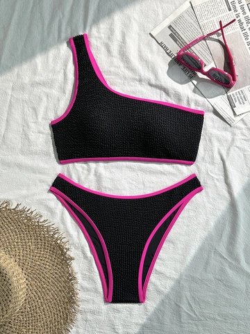 Ensemble Bikini Sexy Une Épaule Femmes Bordure Contrastée Texture Crinkle Maillot de Bain Deux Pièces Coupe Haute