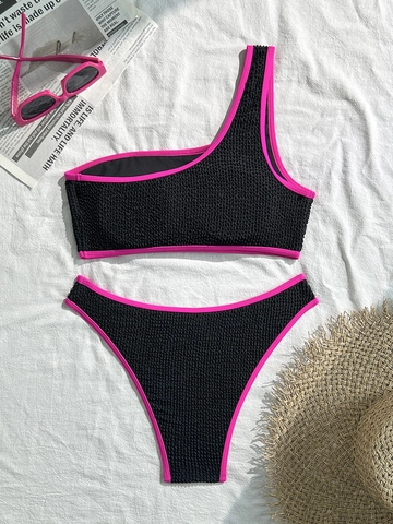 Ensemble Bikini Sexy Une Épaule Femmes Bordure Contrastée Texture Crinkle Maillot de Bain Deux Pièces Coupe Haute