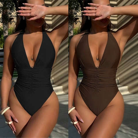 Bañador de Una Pieza Sexy para Mujer Escote en V Profundo Halter Fruncido Control de Abdomen Corte Alto Monokini Color Sólido