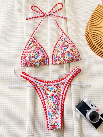 Women's Floral Scalloped Bikini Swimwear Halter Triangle Top And Side Tie Bottoms Sexy Summer Beach Bathing Suit