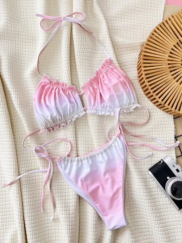 Damen Bikini Set Mit Rosa Weißem Verlauf Rüschen Neckholder Zweiteiliger Badeanzug Niedrige Taille Strandmode