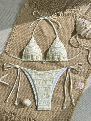 Women Sexy Smocked Bikini Set Halter Triangle Top Side Tie Bottom Ruffle Swimsuit With Shell Decor Solid Color Beachwear