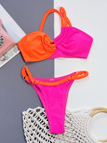 Traje de Baño de Dos Piezas Mujer Conjunto de Bikini Color en Contraste Correa Trenzada Top Acolchado Asimétrico Playa Vacaciones