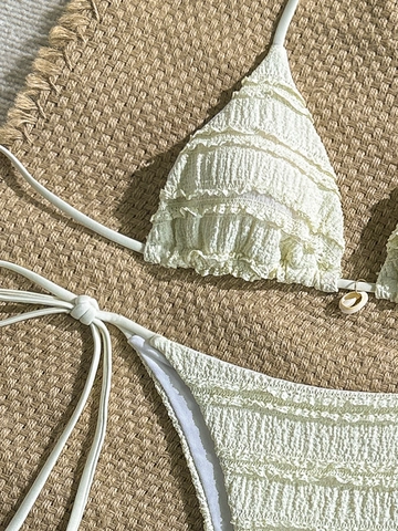 Women Sexy Smocked Bikini Set Halter Triangle Top Side Tie Bottom Ruffle Swimsuit With Shell Decor Solid Color Beachwear