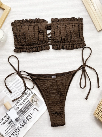 Women Sexy Smocked Bandeau Bikini Set Ruffle Solid Coffee Brown Two Piece Swimsuit Side Tie Padded Beachwear Swimwear