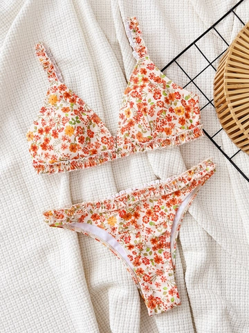 Conjunto de Bikini Sexy con Estampado Floral para Mujer con Volantes Top Triangular Acolchado y Braguita Traje de Baño para Playa
