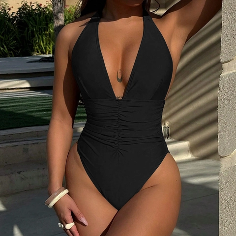 Bañador de Una Pieza Sexy para Mujer Escote en V Profundo Halter Fruncido Control de Abdomen Corte Alto Monokini Color Sólido