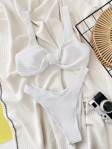 Women Ribbed Bikini Set Twist Front Wide Strap Top And Bottom Swimsuit High Cut Solid Color Beachwear Swimwear