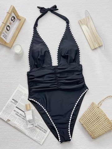 Women Sexy Halter One Piece Swimsuit Deep V Neck Scalloped Trim Ruched Tummy Control Beachwear Bathing Suit