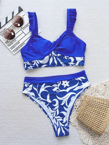 Women Bikini Top And Bottom Ruffle Shoulder High Waist Tropical Leaf Print Blue Beachwear Bathing Suit Swimwear Vacation