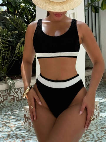 Damen Geripptes Bikini Set Hohe Taille Badeanzug Kontrastbesatz Bademode Rückenfrei Oberteil Und Unterteil Strandmode