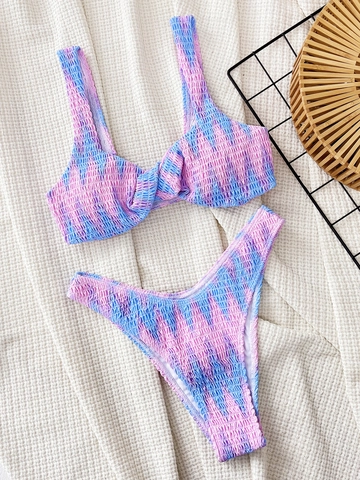 Smocked Tie Dye Bikini Set For Women Two Piece Pink Blue Gradient High Cut Bathing Suit Knot Front Tank Swimsuit Summer Beachwear