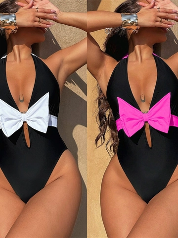 Γυναικείο Ολόσωμο Μαγιό Halter Βαθύ V Cutout Με Μεγάλο Φιόγκο Χρωματική Αντίθεση Σέξι Εξώπλατο Monokini Μαγιό Παραλίας